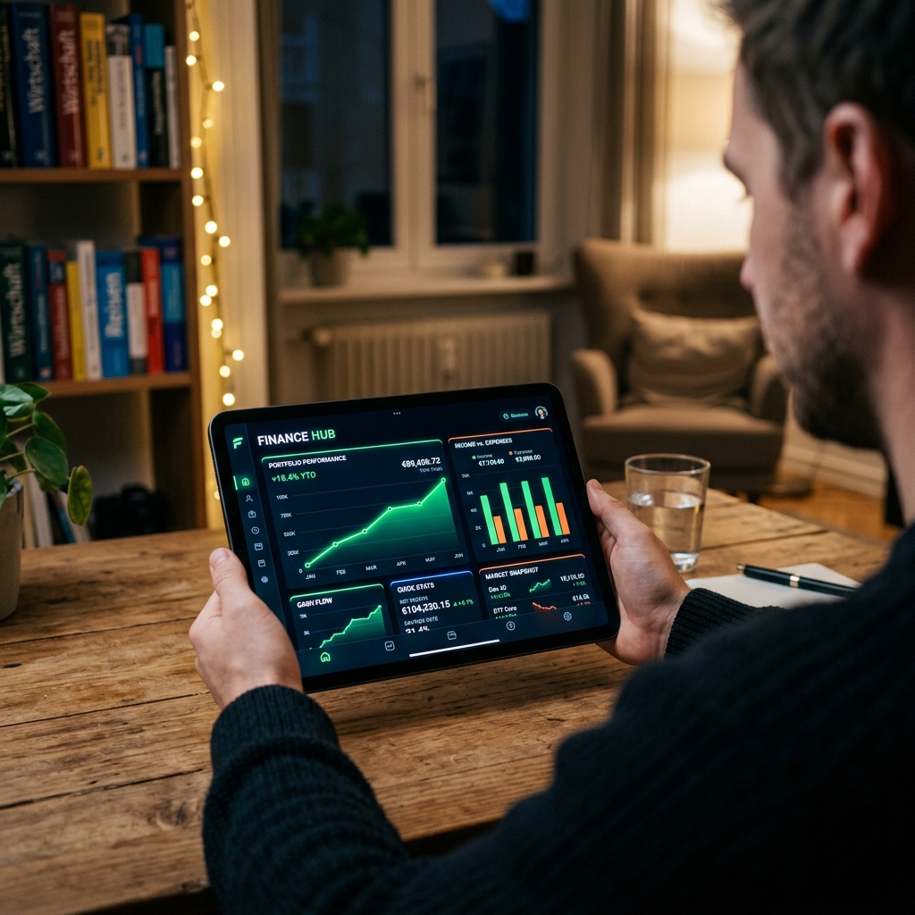 Tablet mit Finanz-Dashboard und Diagrammen